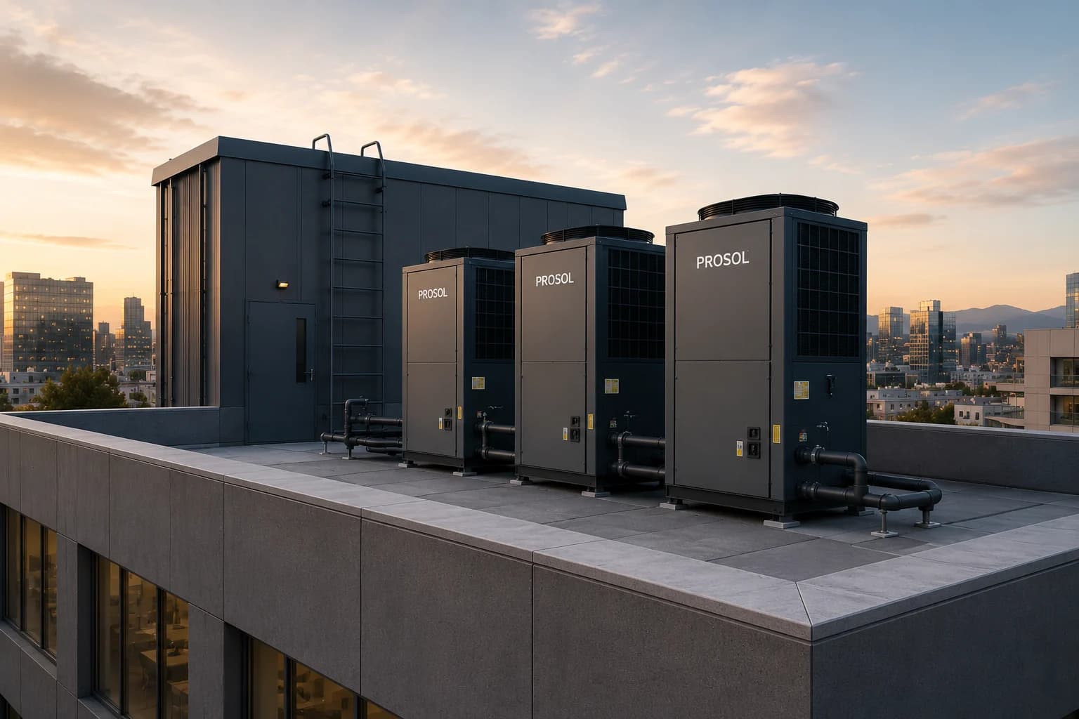Tres bombas de calor instaladas en la azotea de un edificio
